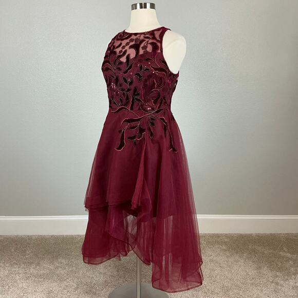 Adrianna Papell Red Sequined Tulle Fit and Flare Cocktail Dress Size 16 High Low - Picture 4 of 14
